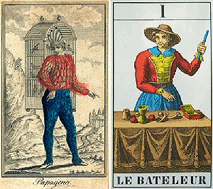 Engraving of Papageno by Schickaneder, 1791, and the Magician - Le Bateleur in Tarot